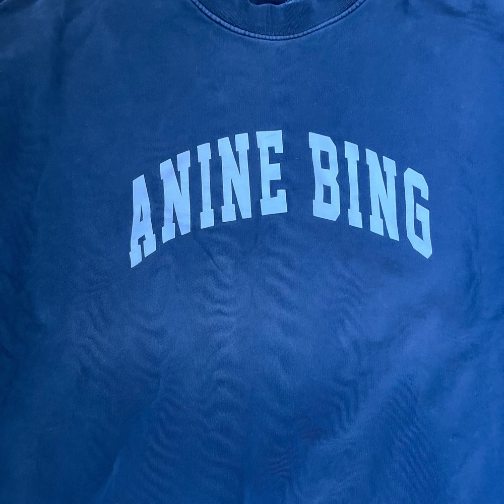 Anine Bing Navy Blue Oversized Graphic Logo Crew Neck Sweatshirt Distressed - Picture 2 of 12